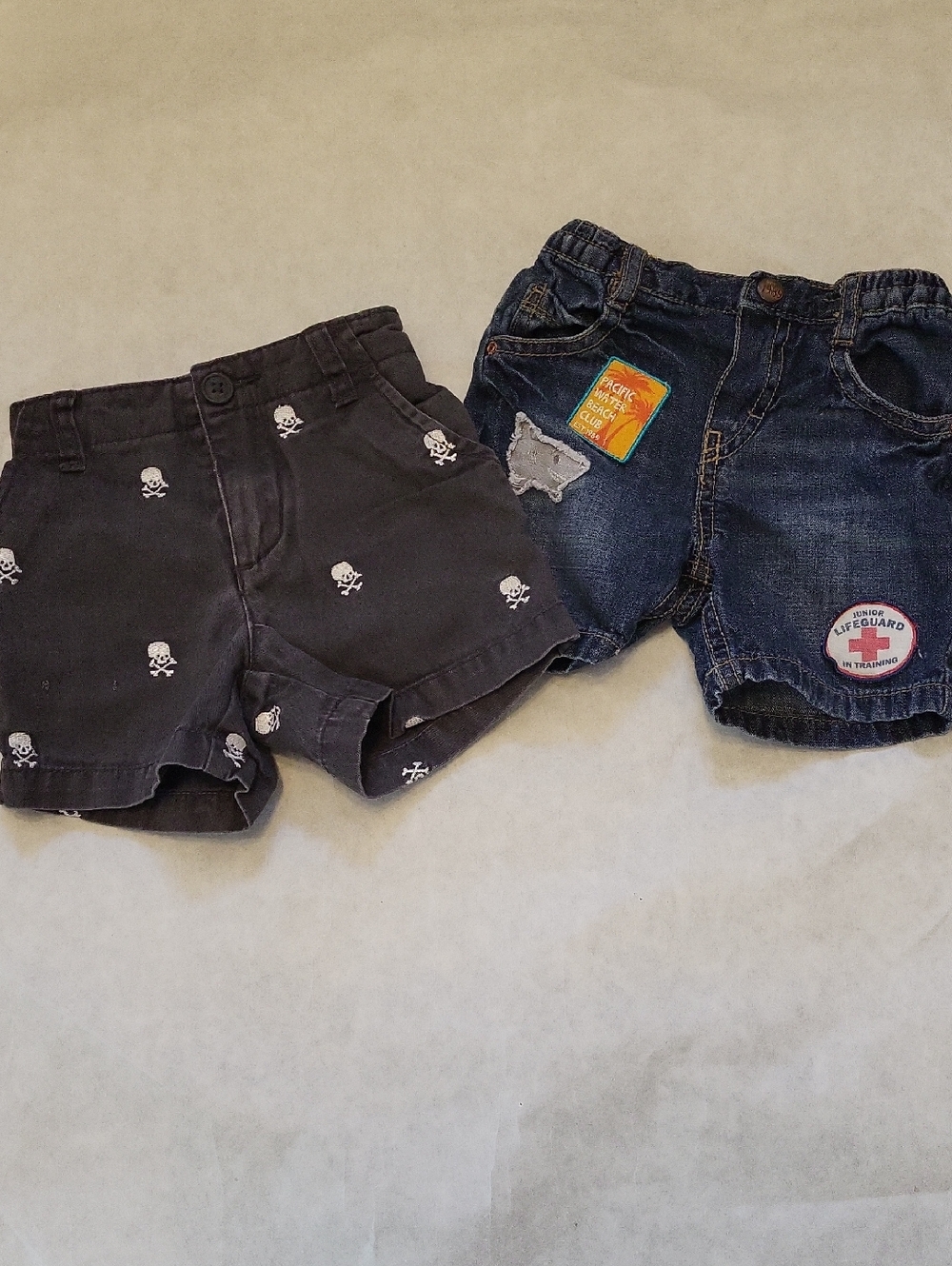 2 Pair Baby shorts - Grey skull print and denim with colorful patches